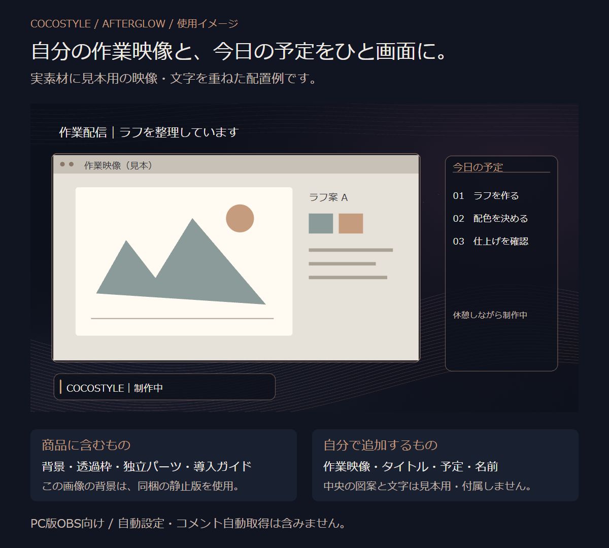 Afterglowの作業配信配置例。左に見本用の作業映像、右に今日の予定、下に名前。映像と文字は商品に含みません。